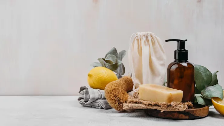 Natural skincare items including soap, lotion in a pump bottle, a lemon, and eucalyptus leaves arranged on a surface.